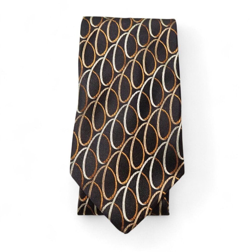 VIA VAI‎ Made in Italy 100% Silk Tie Vintage Geometric Pattern Brown Gold